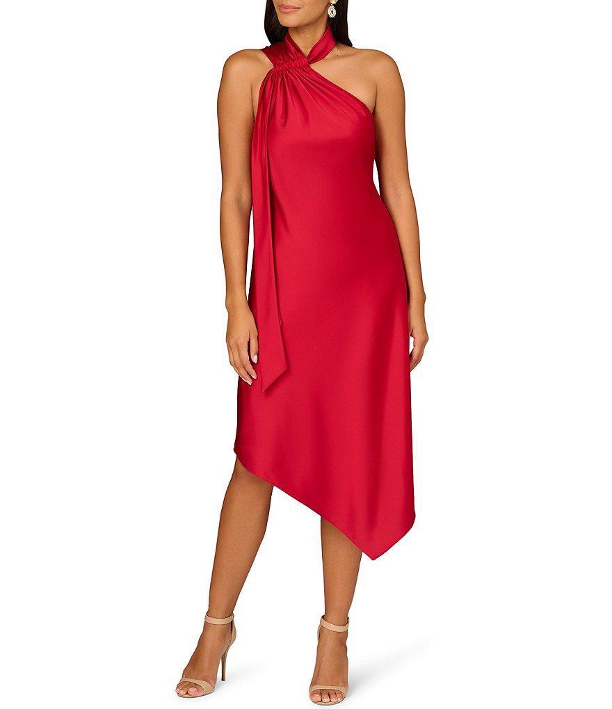 Aidan Mattox Satin Halter Neck Sleeveless Front Tail Asymmetrical Hem Midi Dress Product Image