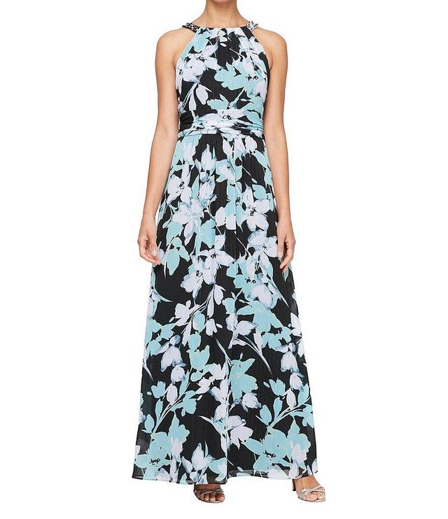 Ignite Evenings Sleeveless Halter Neck Pleated Waist Floral Chiffon A-Line Maxi Dress Product Image