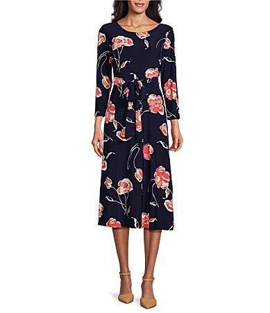 Kasper Womens A-Line Floral-Print Midi Dress - Ksaper Navy Product Image