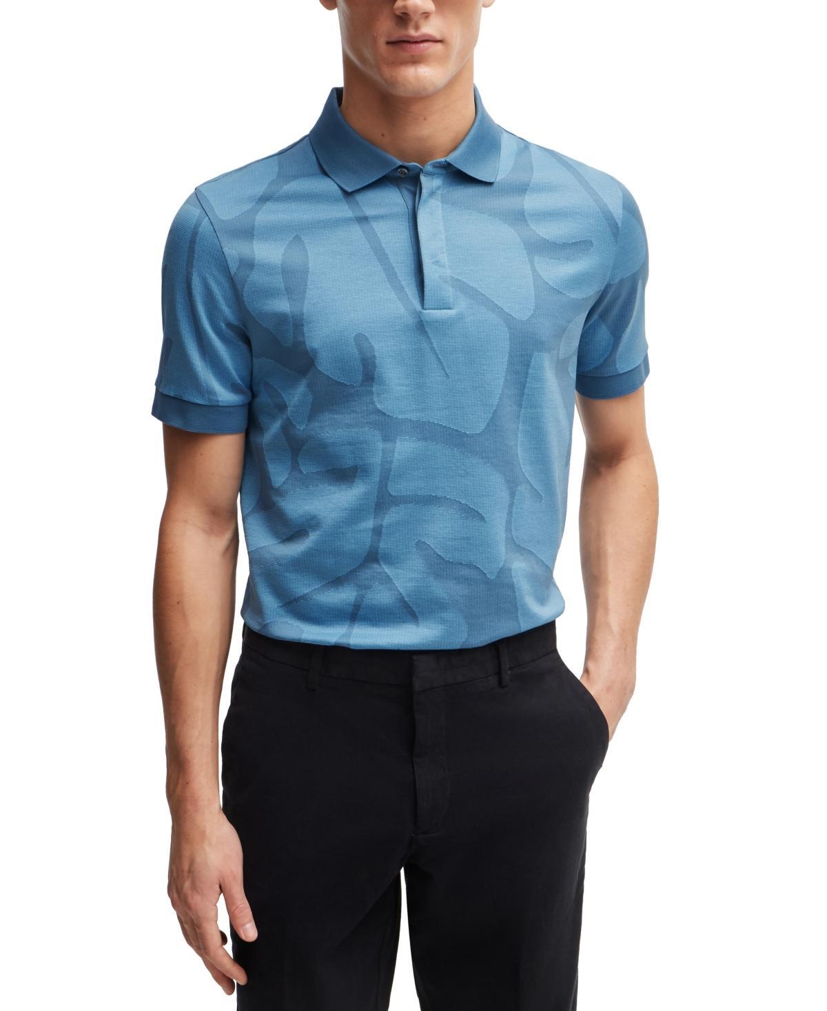 HUGO BOSS Slim-fit Polo Shirt In Monstera-leaf Cotton In Light Blue Product Image