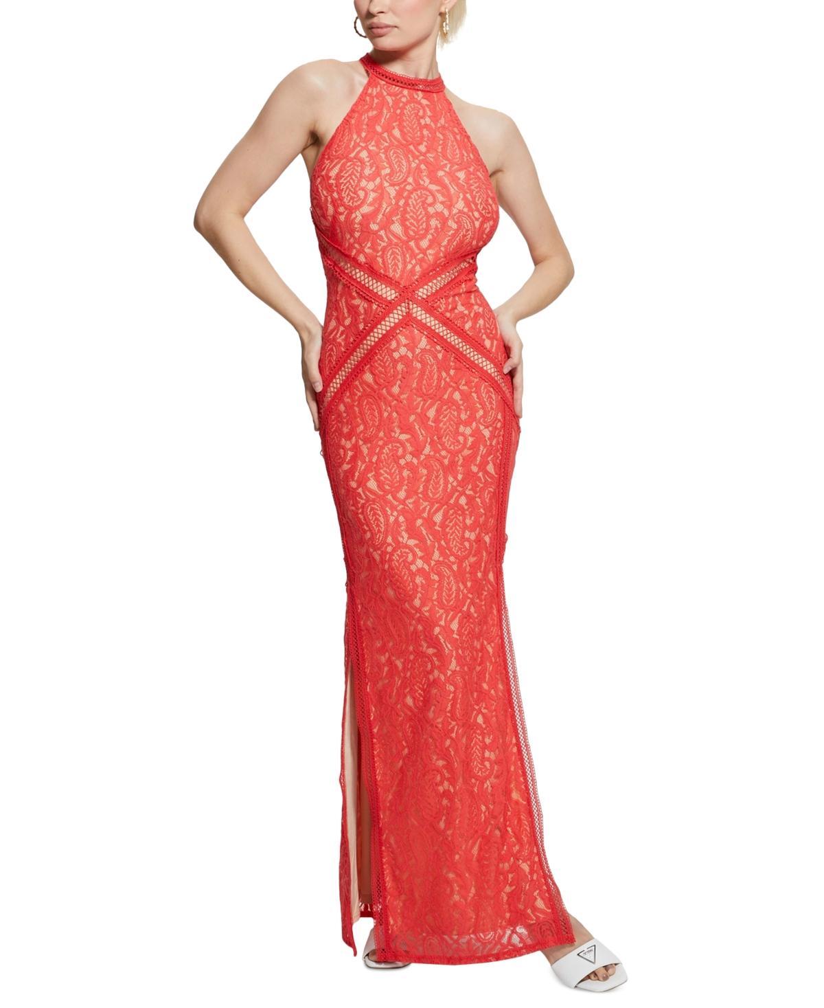 Guess Womens New Liza Lace Halter Sleeveless Gown Product Image