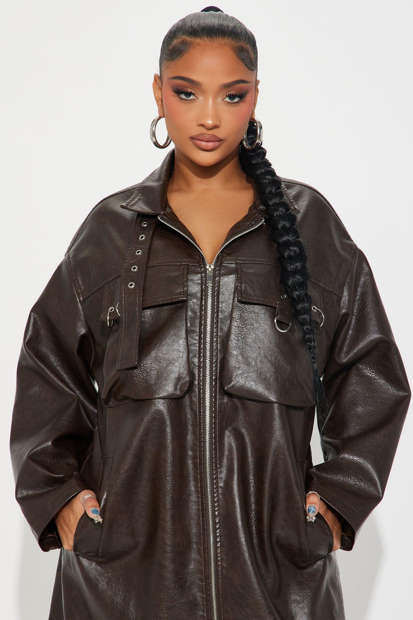 Extra Baggage Faux Leather Moto Trench - Chocolate Product Image