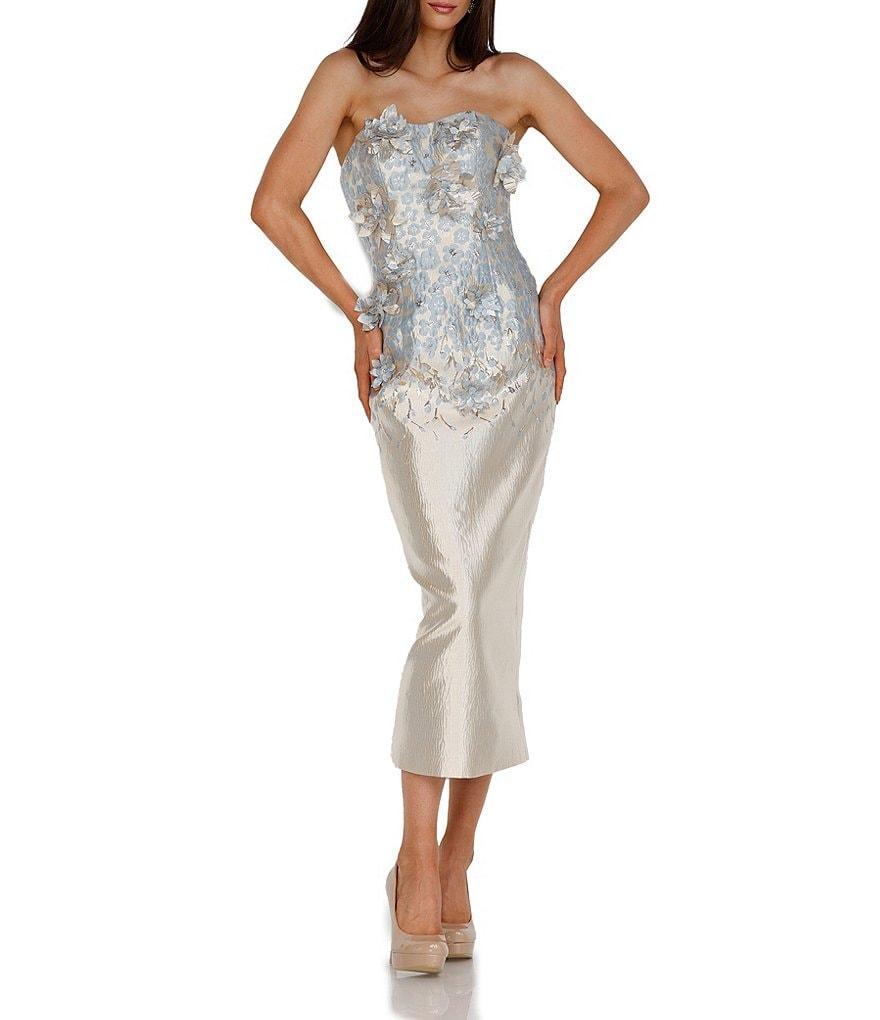 Terani Couture Metallic 3D Floral Embellished Strapless Midi Dress Product Image