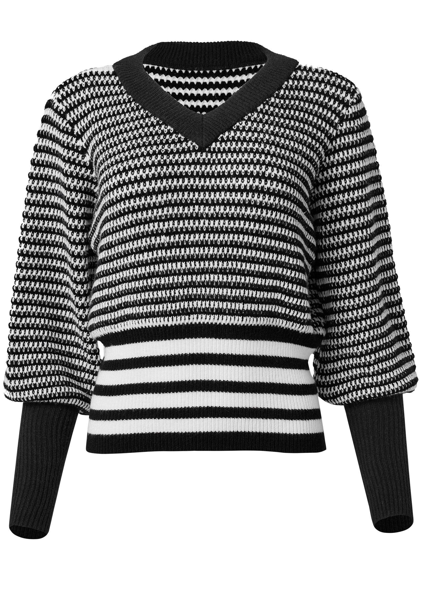 Cropped Stripe V-Neck Sweater  - Black & White Product Image