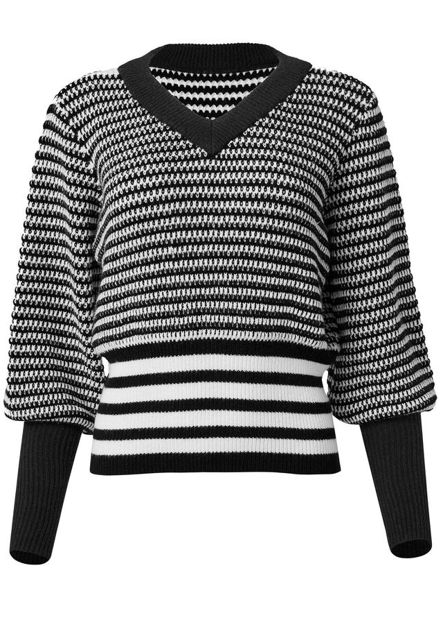 Cropped Stripe V-Neck Sweater  - Black & White Product Image