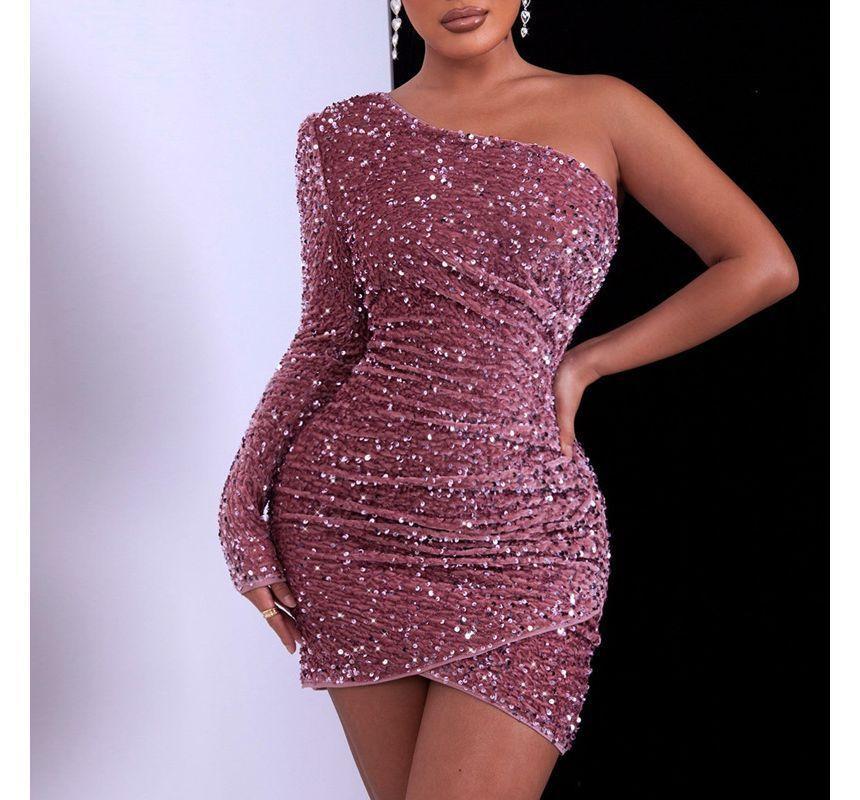 Long Sleeve One-Shoulder Glitter Mini Bodycon Dress Product Image