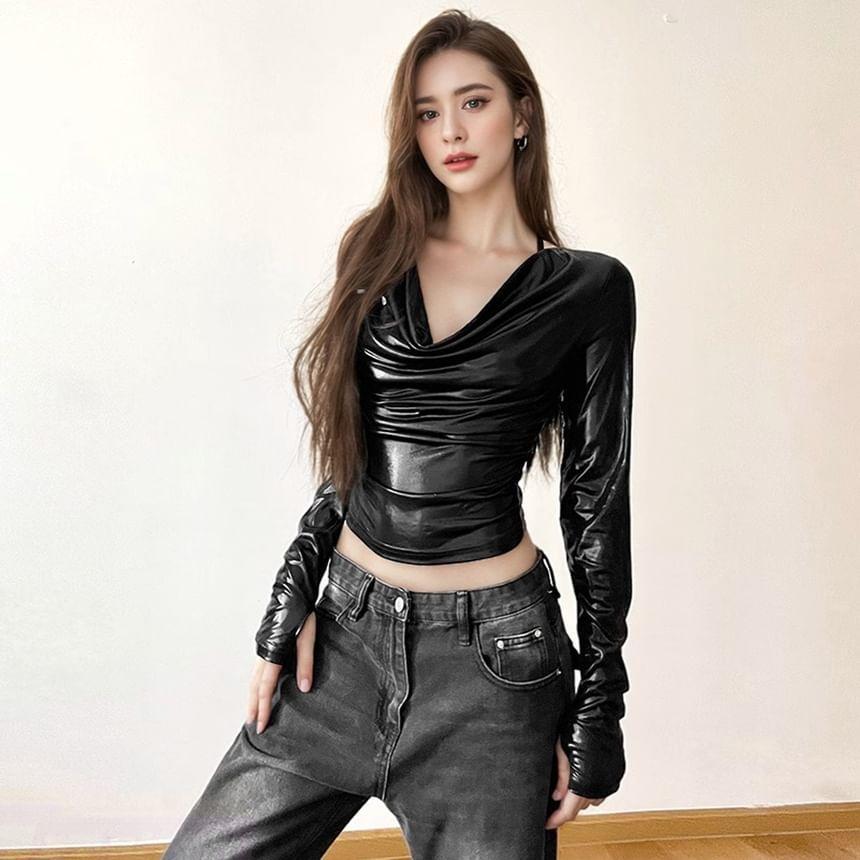 Cowl Neck Long Sleeve Metallic Ruched Crop Top Product Image