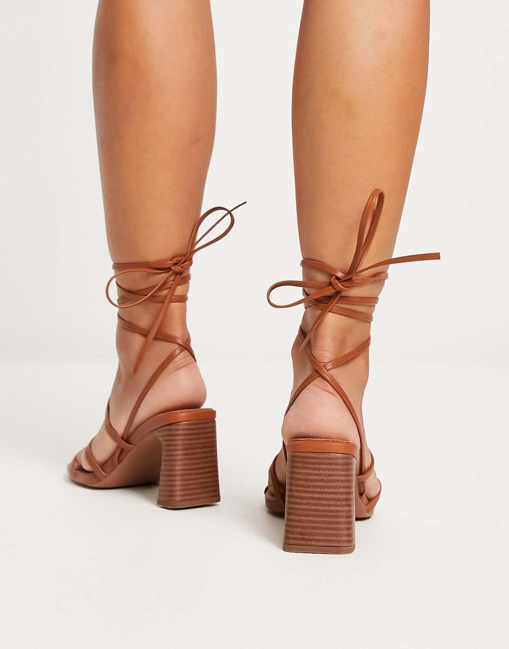 ASOS DESIGN Wide Fit Hidden strappy tie leg mid heeled sandals in tan Product Image