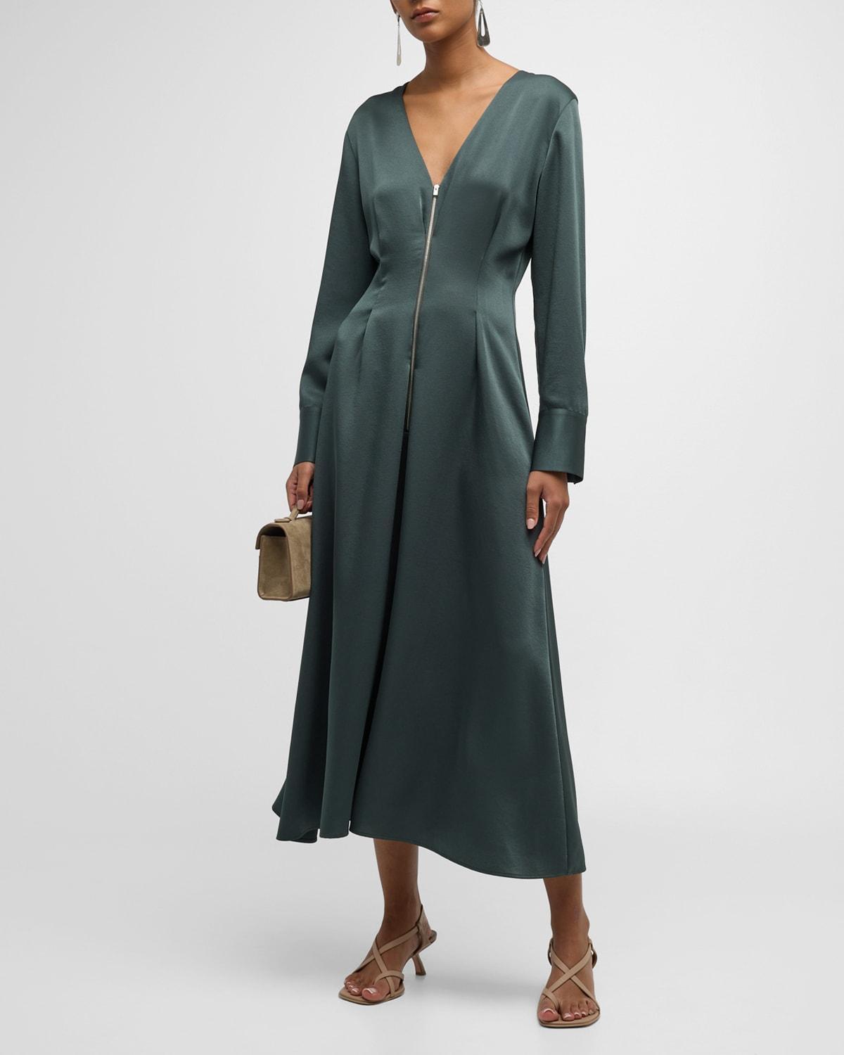 Zip-Front Long-Sleeve Midi Dress Product Image