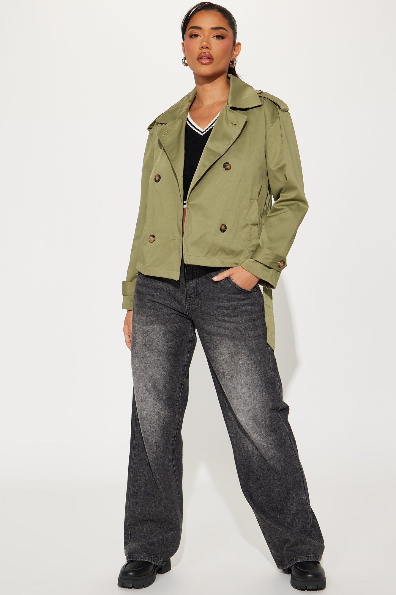 Maple Belted Cropped Trench Coat - Olive Product Image