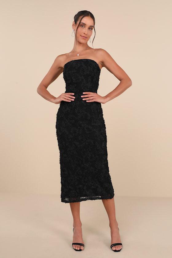 Flawless Perfection Black Floral Applique Strapless Midi Dress Product Image