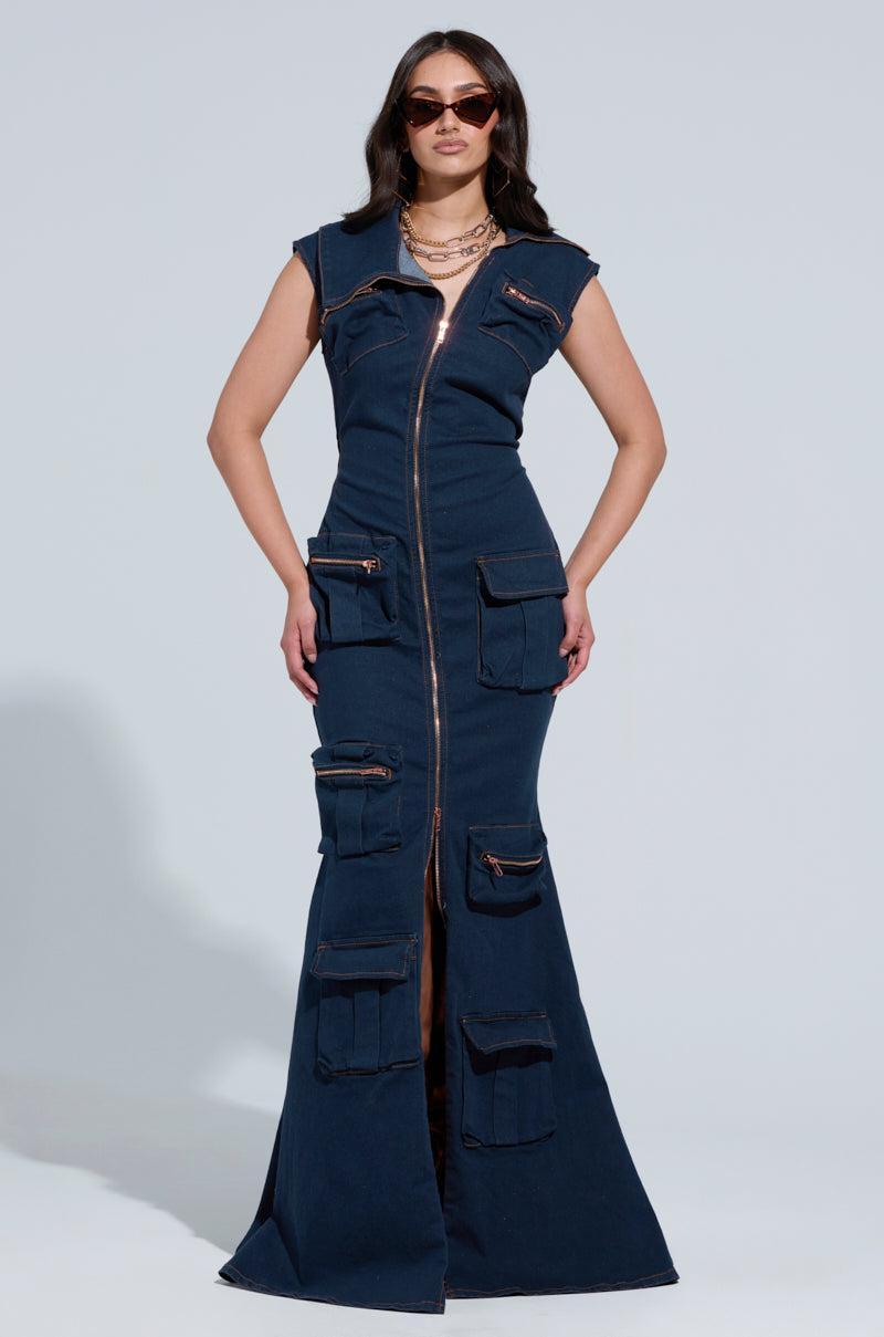 DONT MESS WITH ME COLLARED DENIM MAXI DRESS Product Image