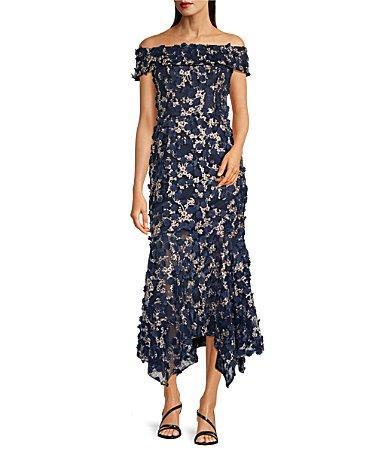 Xscape Raised Flower Off the Shoulder Flounce Midi Gown Product Image