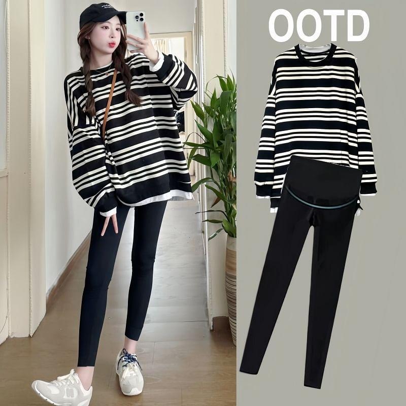 Maternity Round Neck Striped Oversized Sweatshirt Product Image