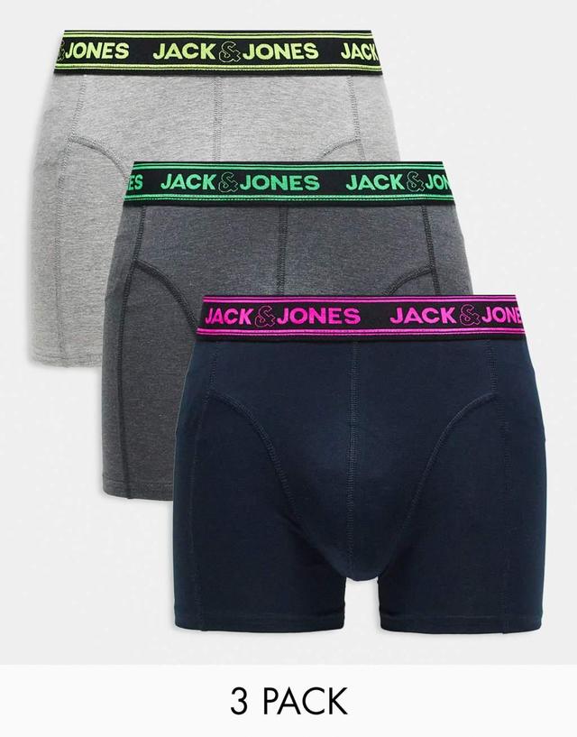 Jack & Jones 3 pack boxer briefs with neon waistband in black & gray  Product Image