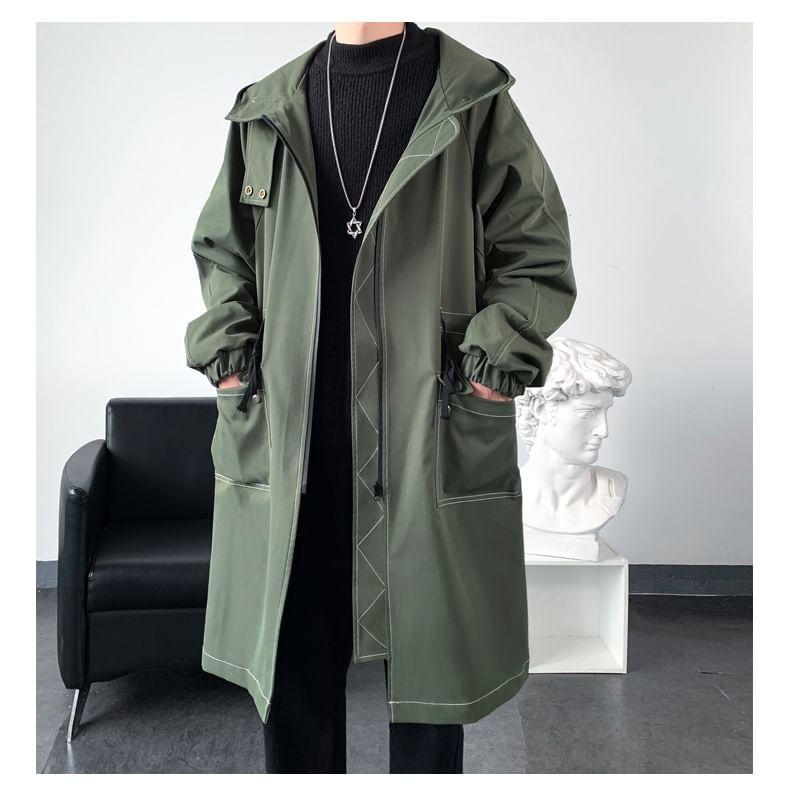 Plain Contrast Stitching Hooded Midi Zip Coat Product Image