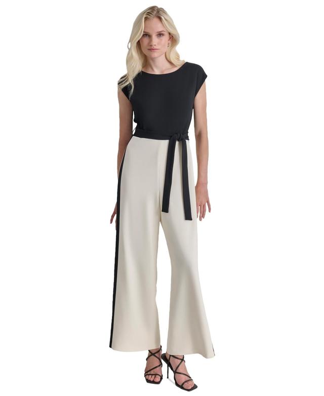 Dkny Womens Colorblocked Cap-Sleeve Belted Jumpsuit - Black Product Image