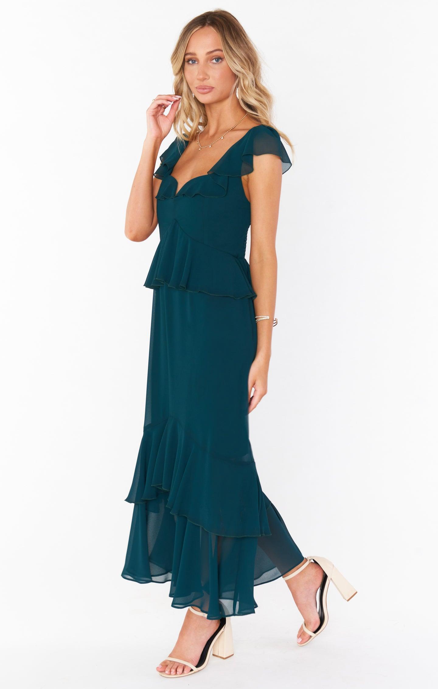 Reese Ruffle Dress ~ Emerald Chiffon Product Image