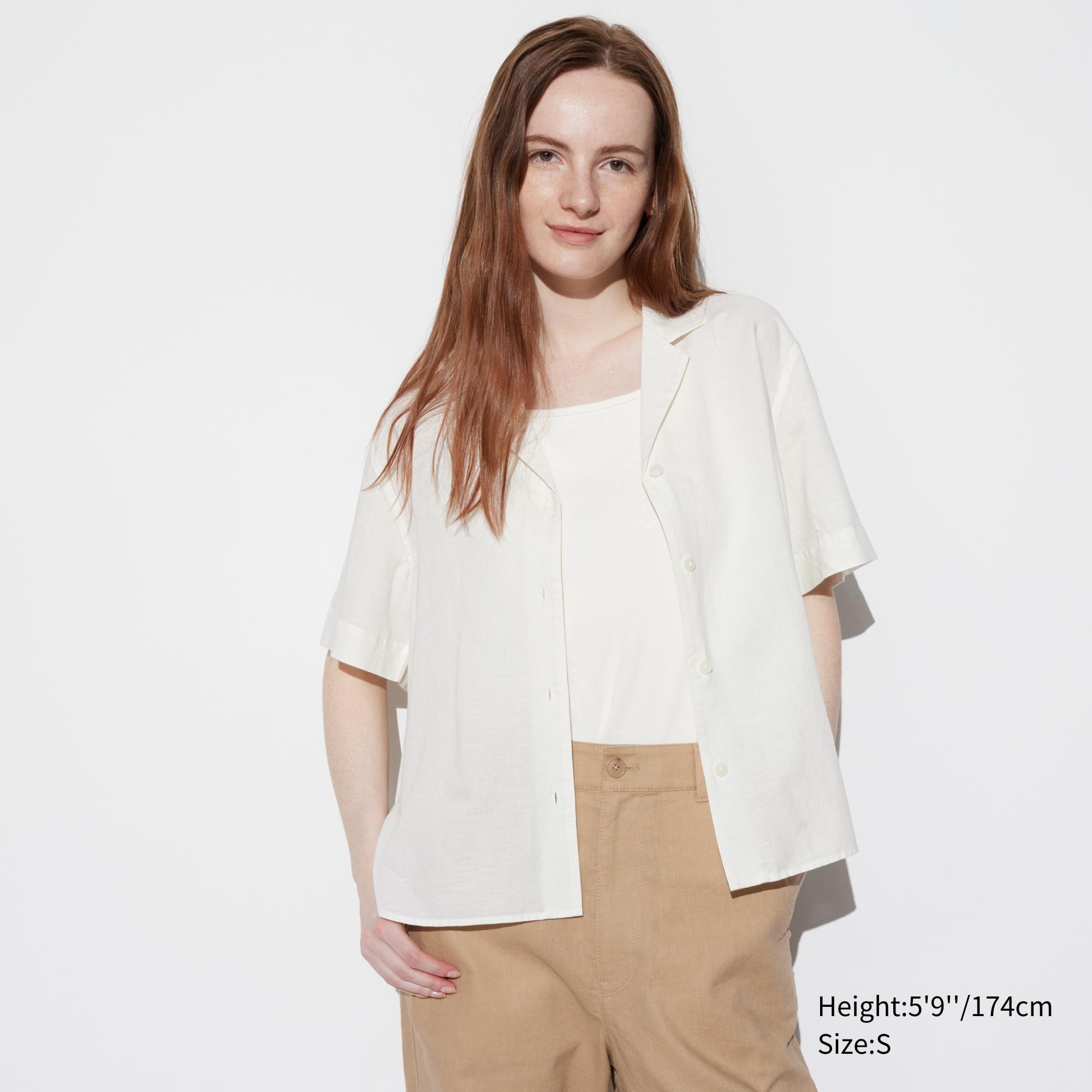 Womens Linen Blend Open Collar Short-Sleeve Shirt Off White 2XL UNIQLO US product image