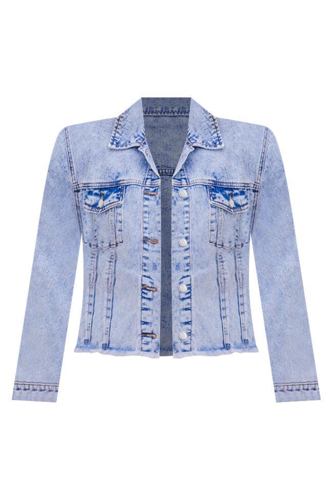 Born To Dream Light Wash Acid Wash Raw Hem Denim Jacket FINAL SALE Product Image