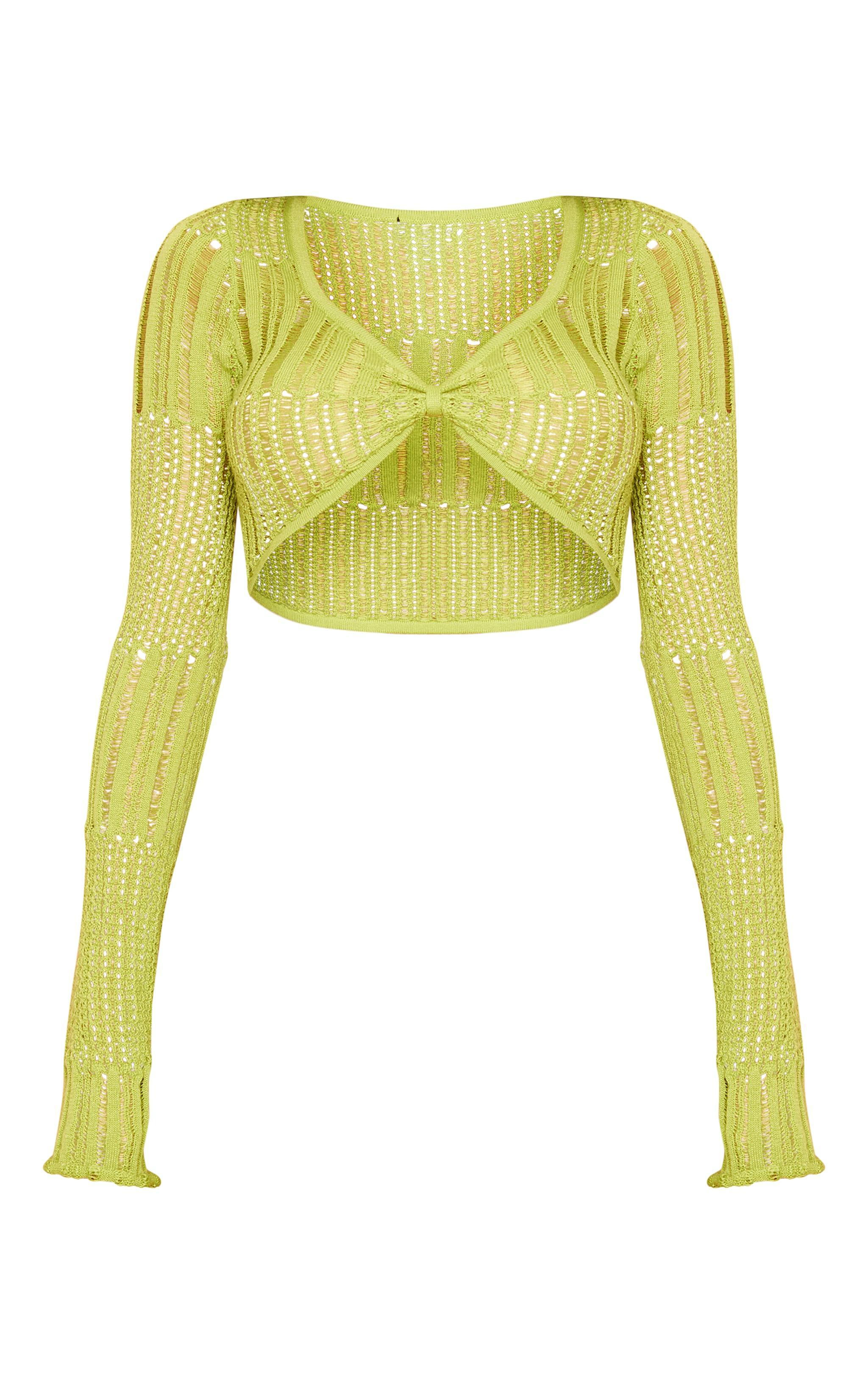 Olive Ladder Knit Long Sleeve Crop Top Product Image