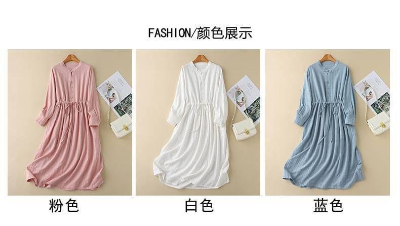 Long-Sleeve Henley Plain Drawstring Midi Smock Dress Product Image