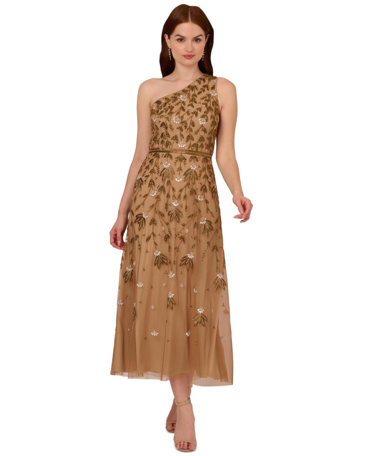 Adrianna Papell Womens Beaded Asymmetric-Neck Midi Dress Product Image