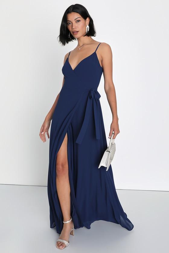 Easiest Elegance Navy Blue Surplice Wrap Maxi Dress Product Image