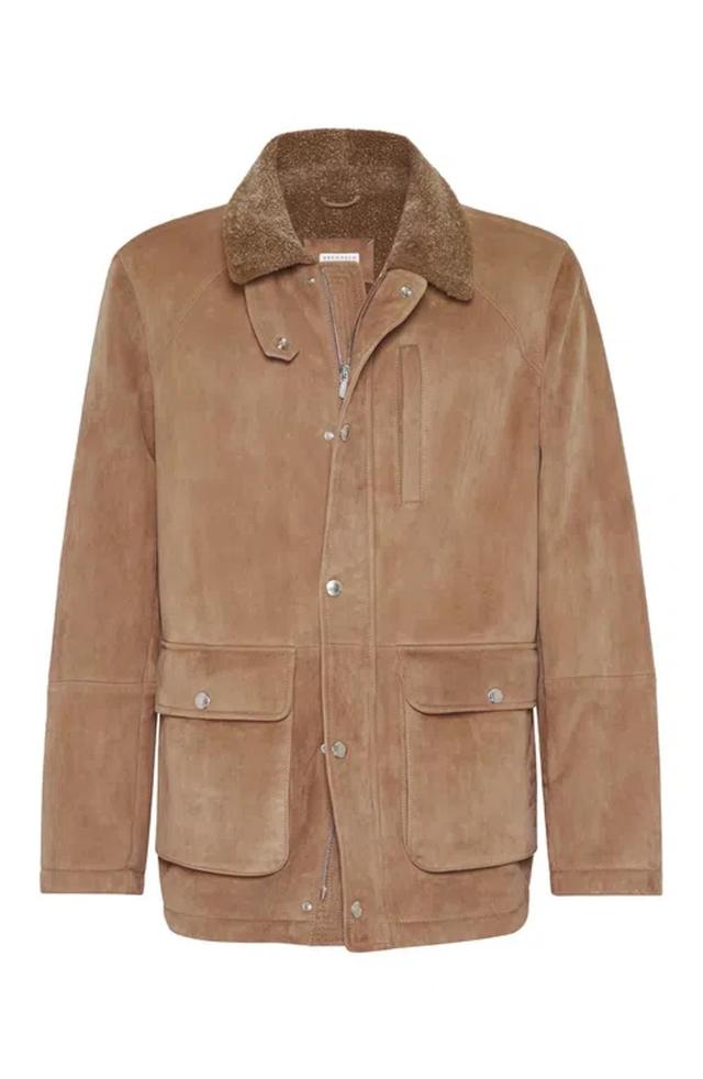 BRUNELLO CUCINELLI Shearling-collar Leather Jacket In Beige Product Image