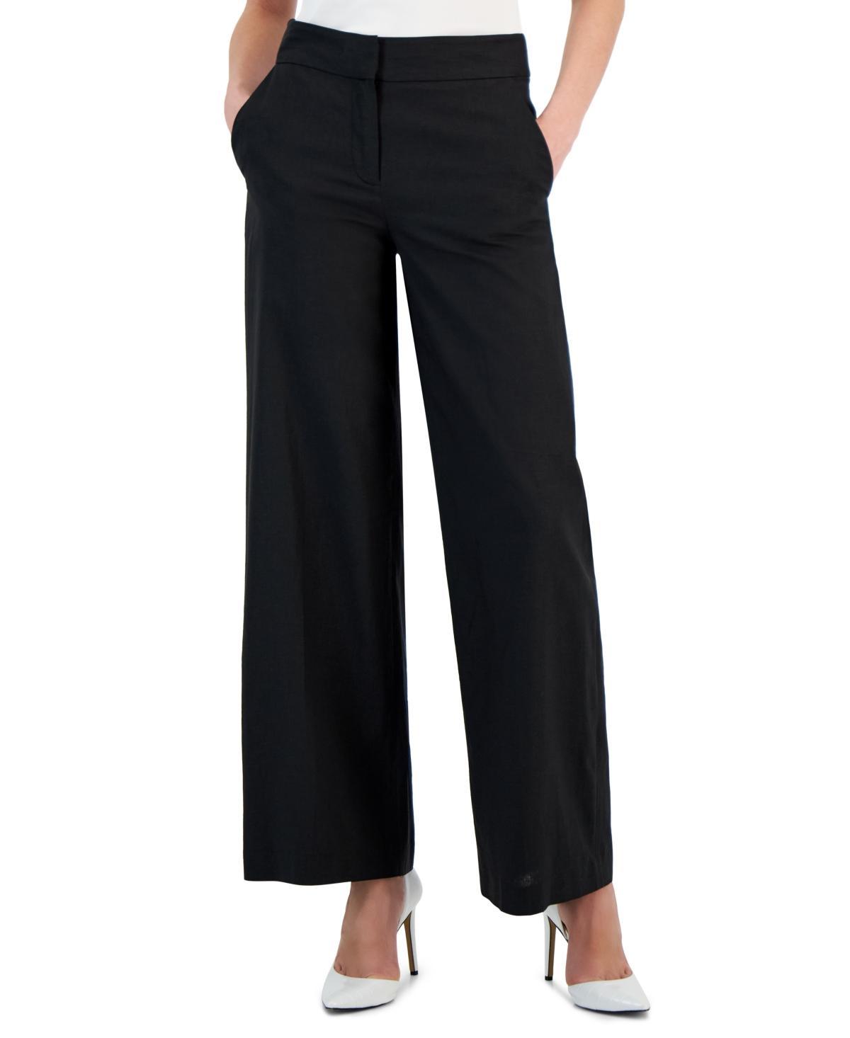 Women's Solid Wide-Leg Mid-Rise Linen Pants Product Image