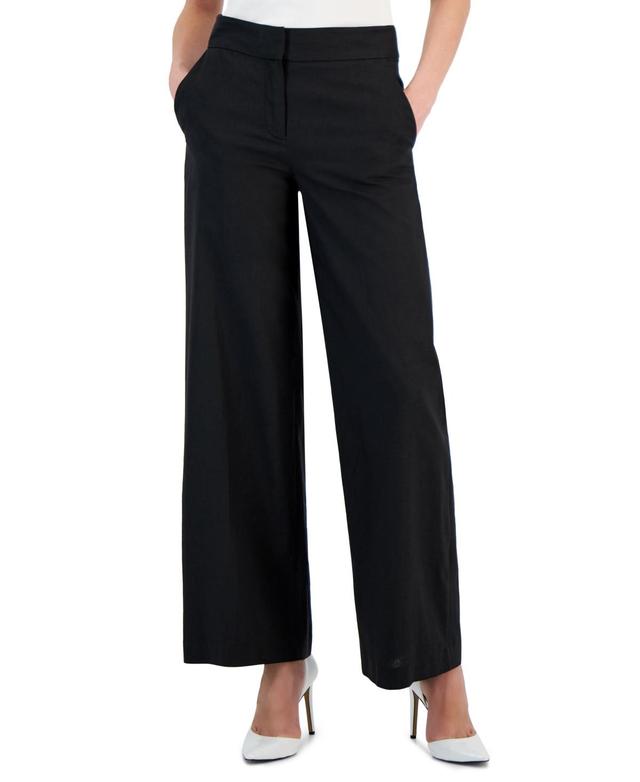 Tahari Asl Womens Solid Wide-Leg Mid-Rise Linen Pants Product Image