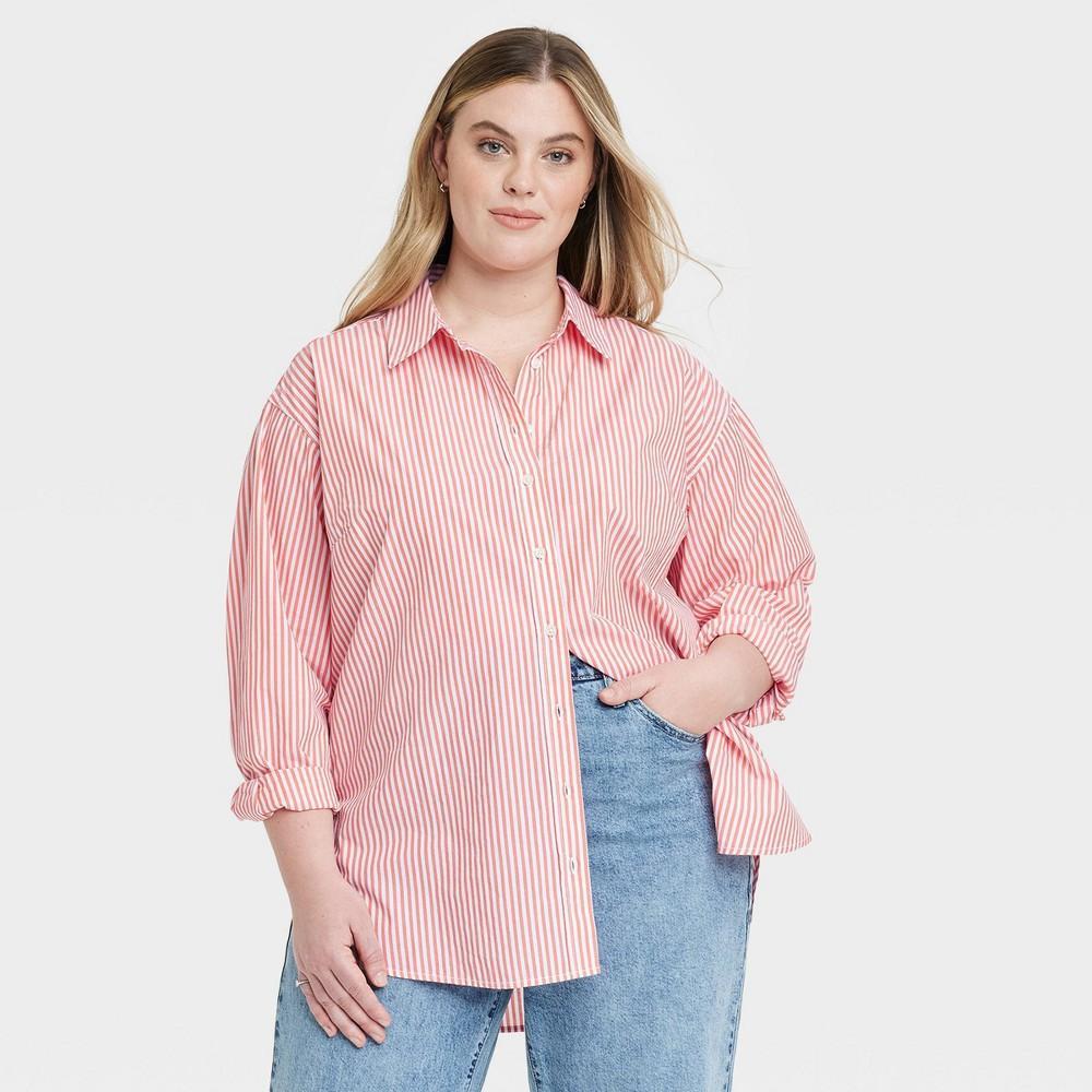 Womens Oversized Long Sleeve Collared Button-Down Shirt - Universal Thread Red Striped 2X Product Image