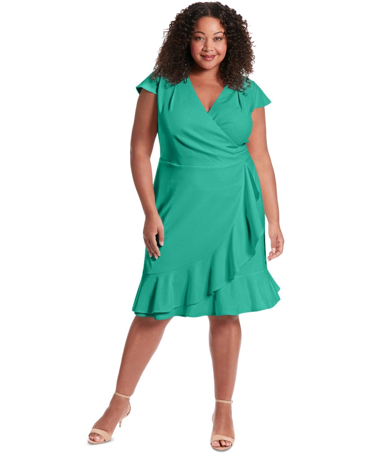 London Times Plus Size Pleated Flounce Surplice Dress Product Image