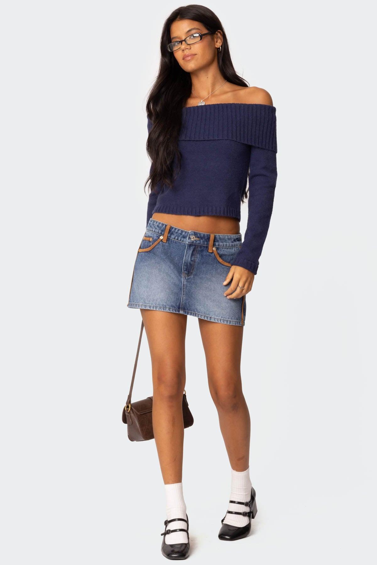 Vera Suede Trim Denim Mini Skirt Product Image