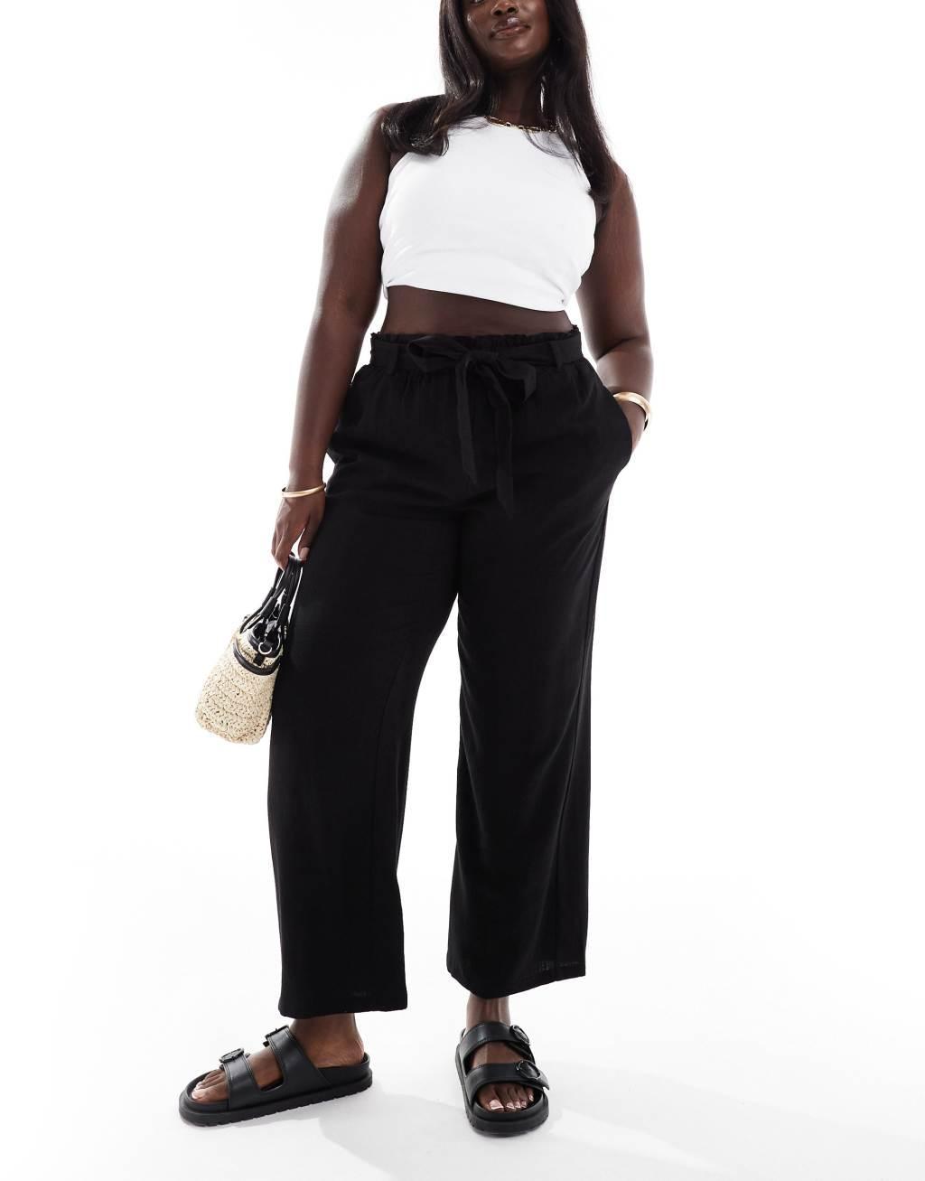 ONLY Curve tie waist wide leg linen mix pants in black  Product Image