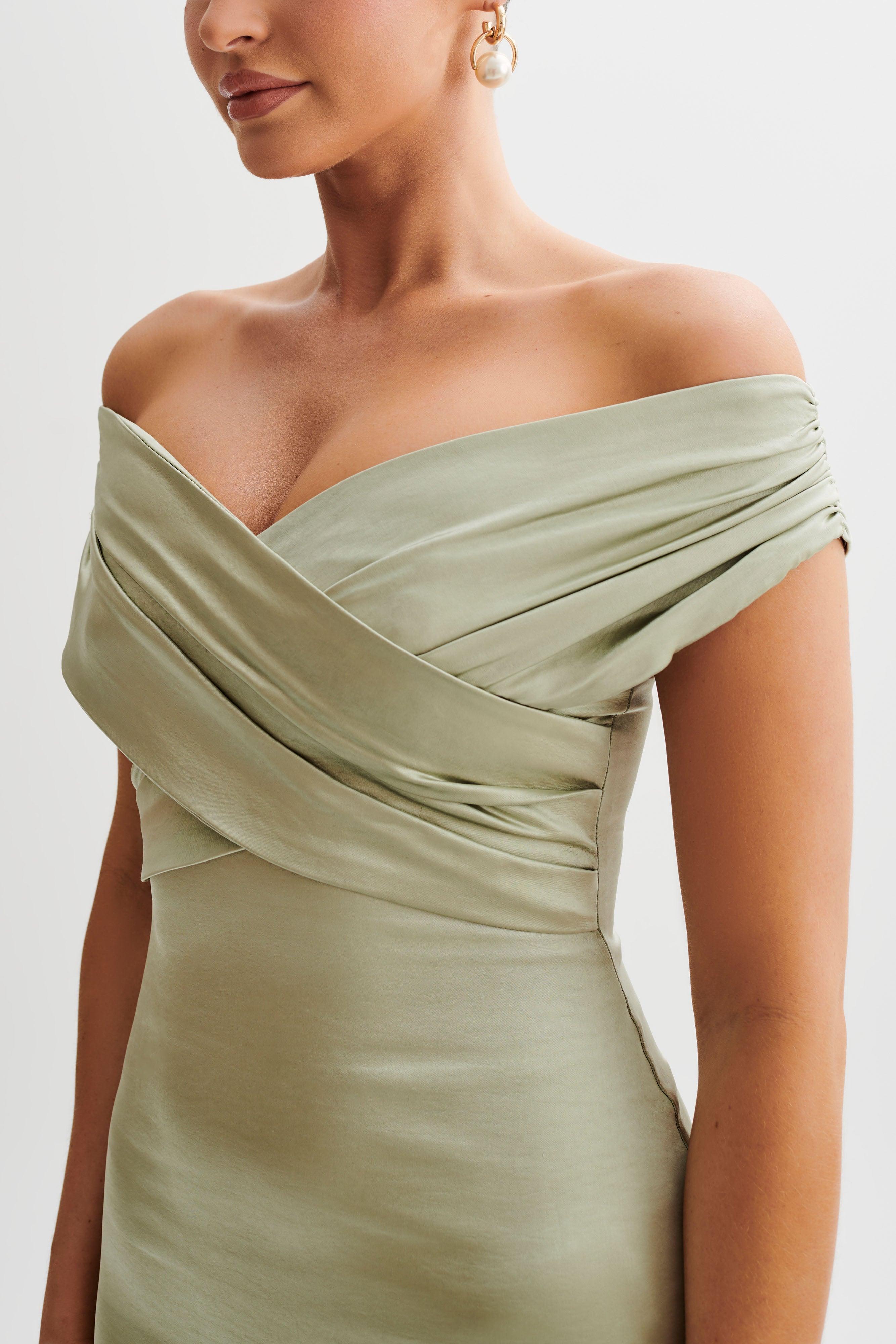 Harley Off Shoulder Satin Maxi Dress - Sage Product Image