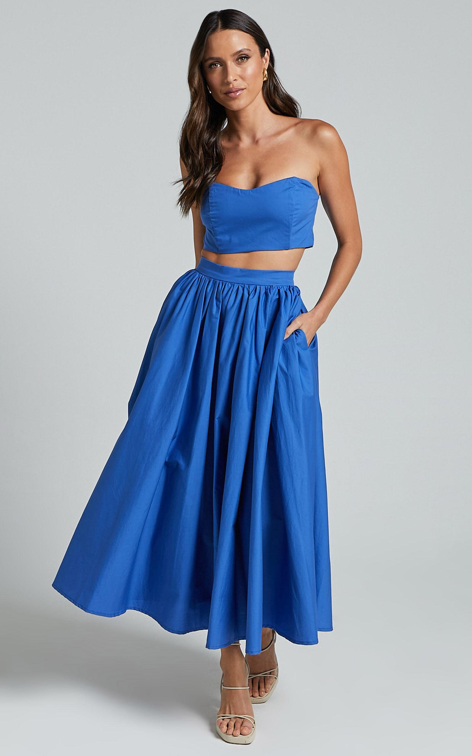 Olympia Two Piece Set - Strapless Corset Top and Full Midi Skirt Set in Cobalt Blue Product Image