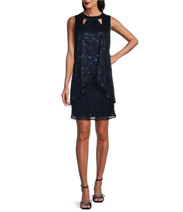 Leslie Fay Sleeveless Double Keyhole Crew Neck Sequin Shirt Dress Product Image