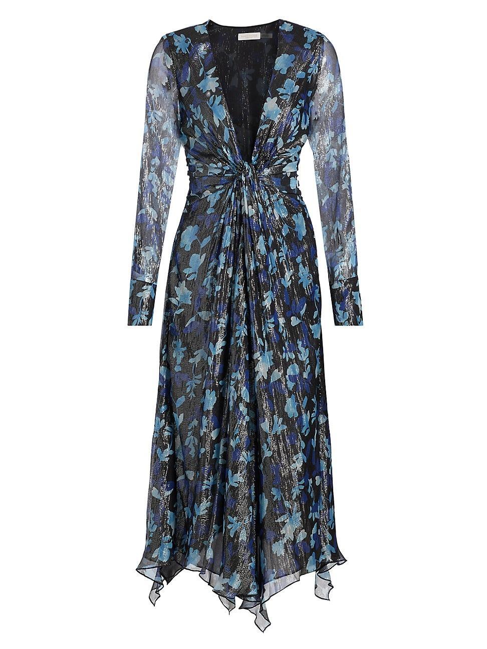 Womens Tatia Floral Metallic Silk Twist Midi-Dress Product Image