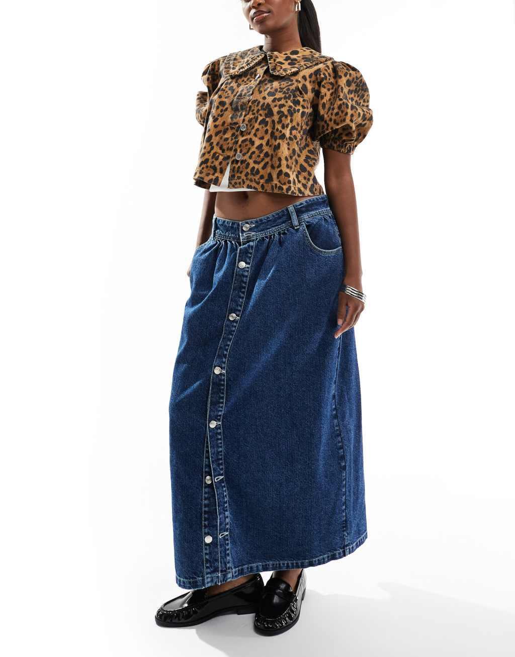 ASOS DESIGN denim dropwaist midi skirt in mid blue Product Image