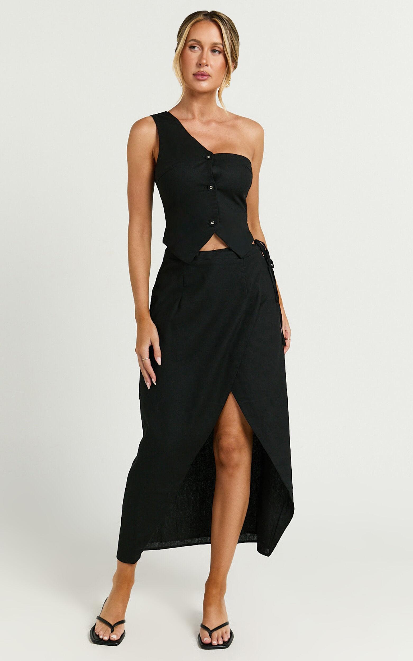 Claudia Two Piece Set - Linen Look One Shoulder Button Down Top and Midi Skirt Set in Black Product Image