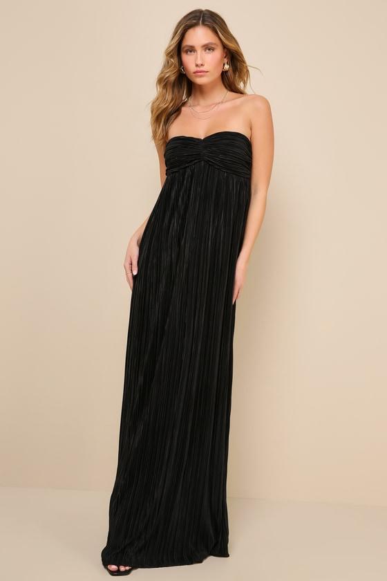 Endlessly Complimented Black Plisse Strapless Maxi Dress Product Image