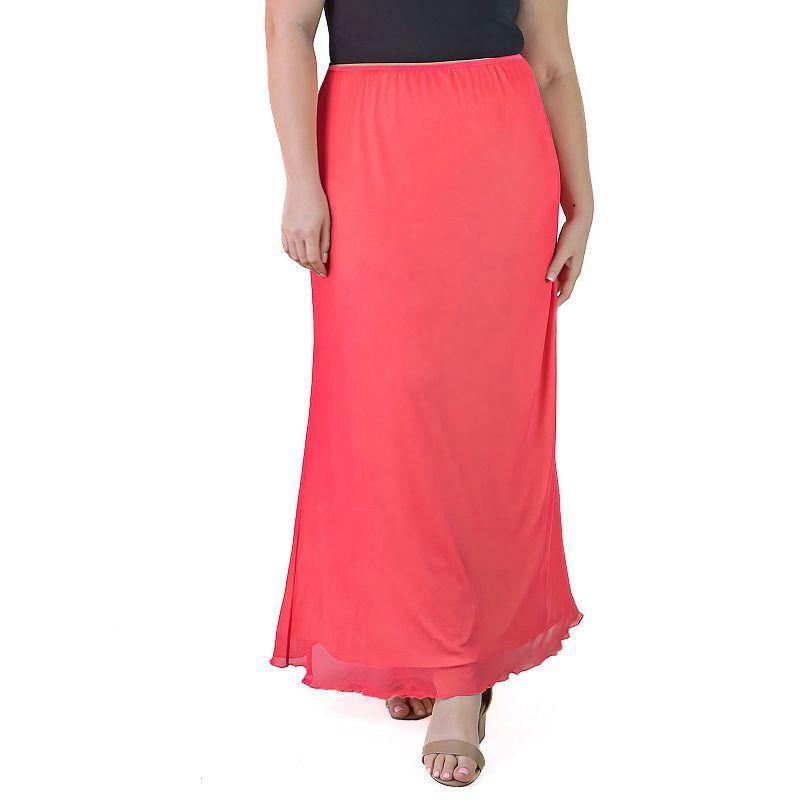 Plus Size 24Seven Comfort Apparel Print Sheer Overlay Elastic Waist Maxi Skirt, Womens Pink Product Image