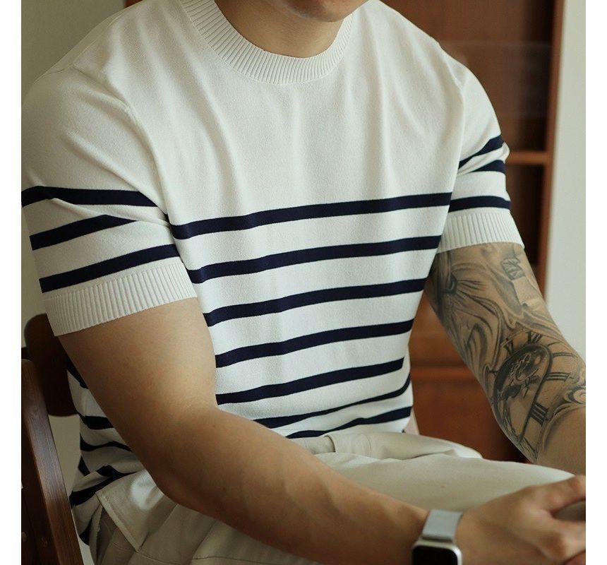 Short-Sleeve Crew Neck Striped Knit Top Product Image