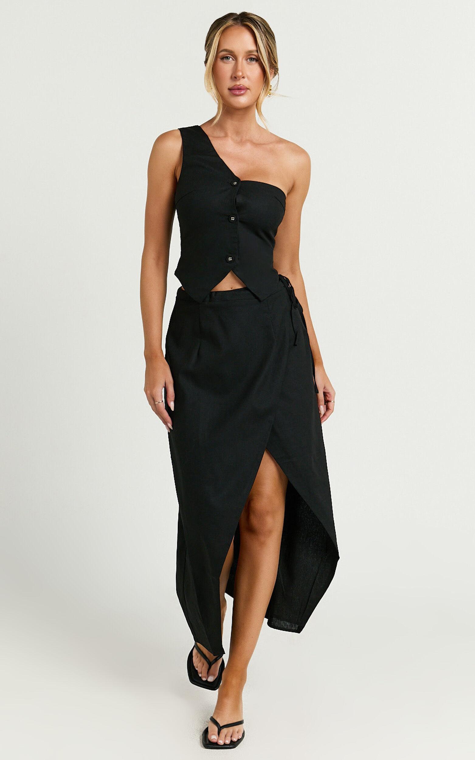 Claudia Two Piece Set - Linen Look One Shoulder Button Down Top and Midi Skirt Set in Black Product Image