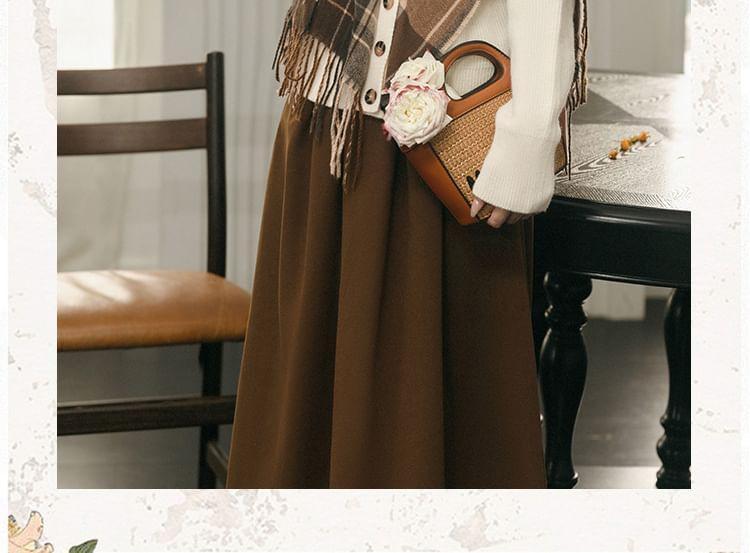 Set: Long-Sleeve Turtleneck Plaid Panel Top + High Rise Maxi A-Line Skirt Product Image