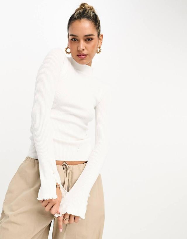 River Island ribbed top with frilled sleeve in white Product Image