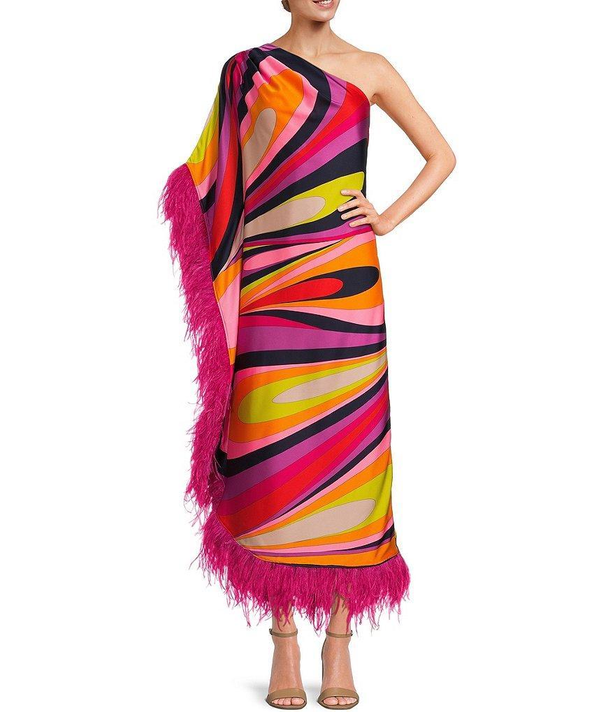 Trina Turk Largo Asymmetrical Hem & Neck One Sleeve Feather Trim Maxi Dress Product Image