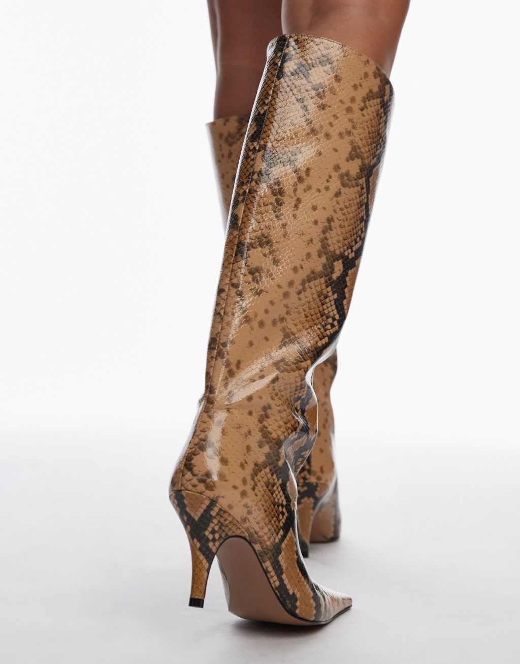 Mango snake print knee high heeled boots in gray Product Image