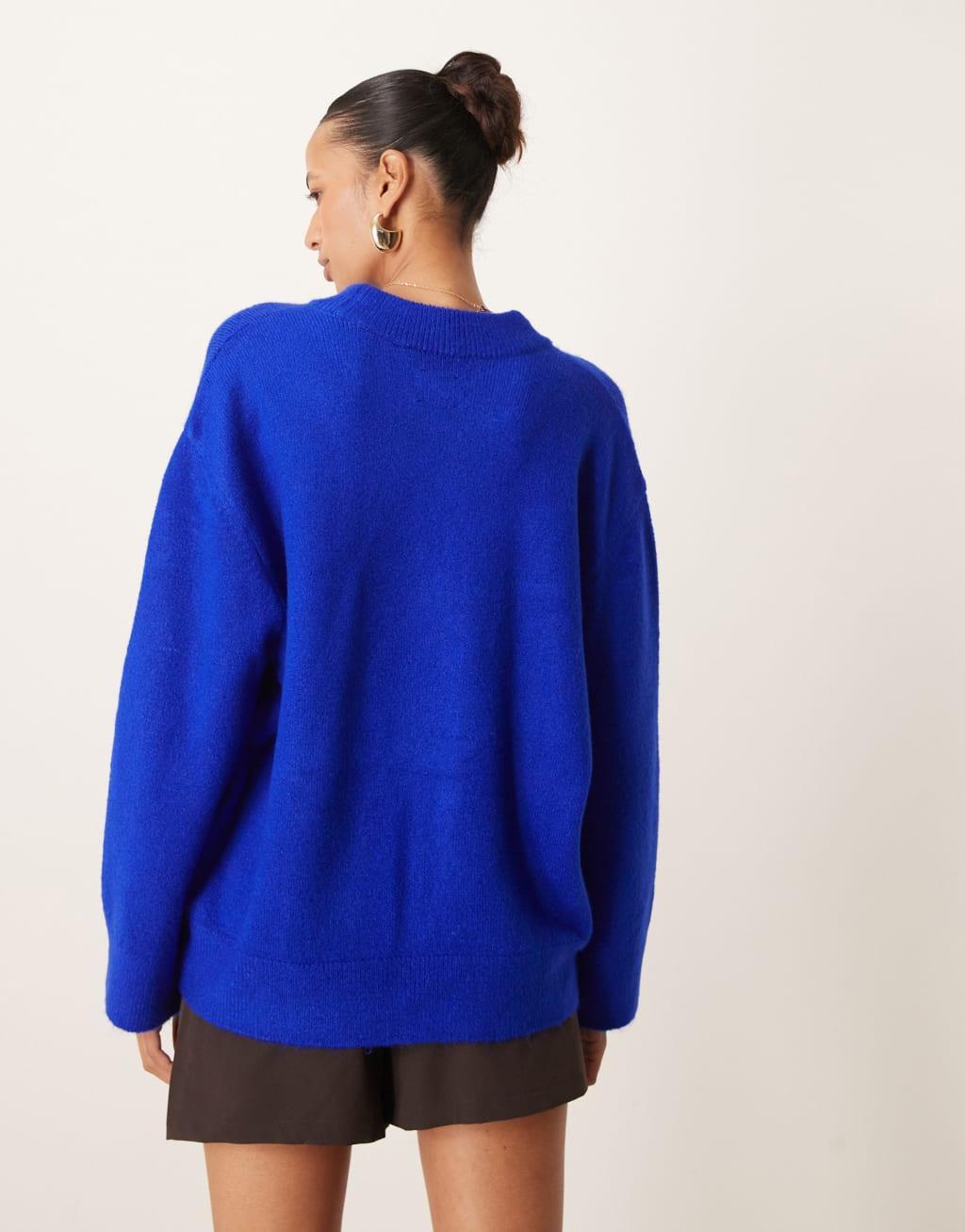 ASOS DESIGN crew neck knitted fluffy sweater in cobalt Product Image